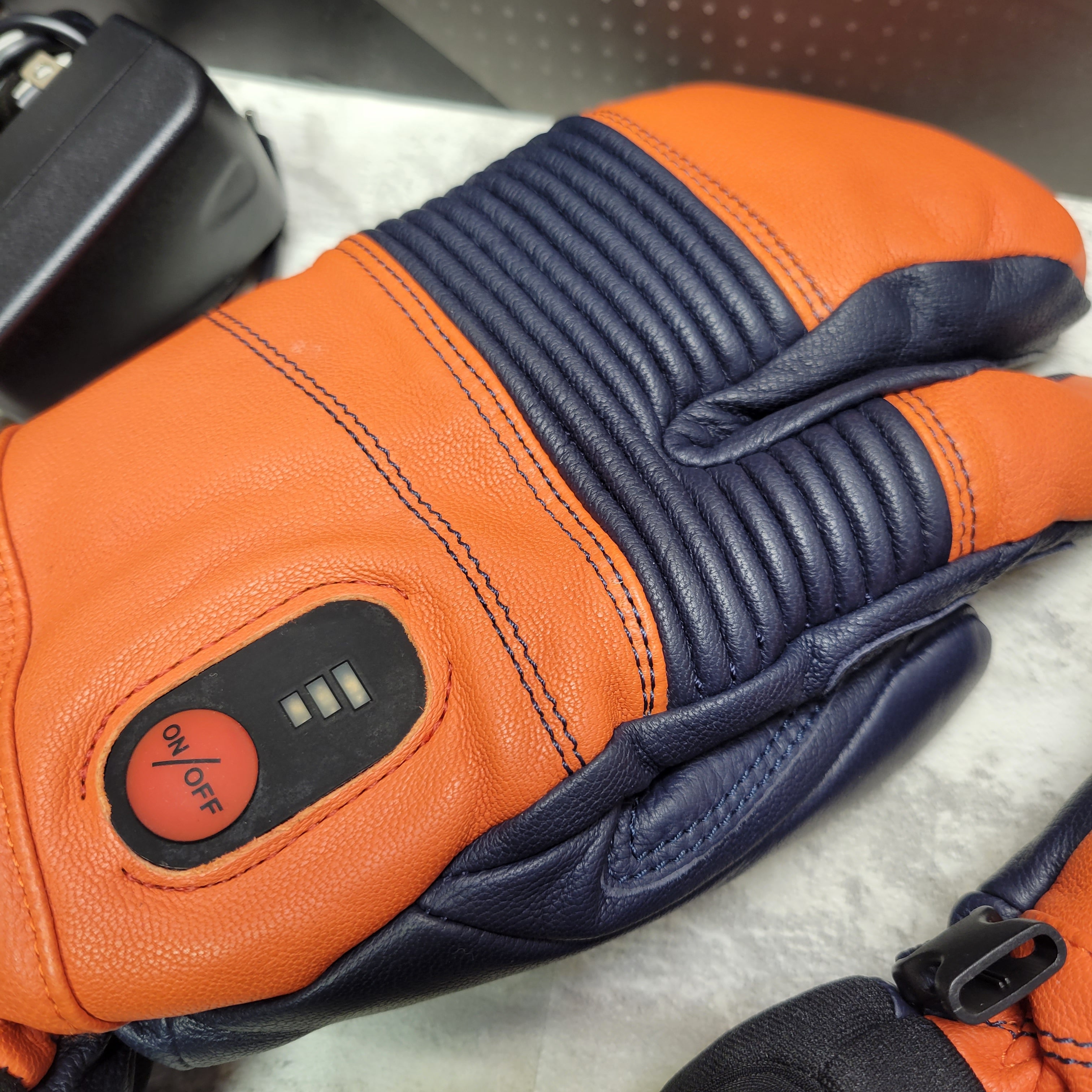 SAVIOR HEAT Heated Ski Mittens Leather Thick Gloves, Orange/Navy, Large (7618419032302)